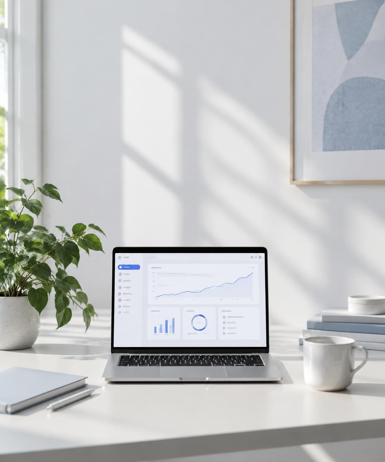 A bright workspace with a laptop showing a digital dashboard