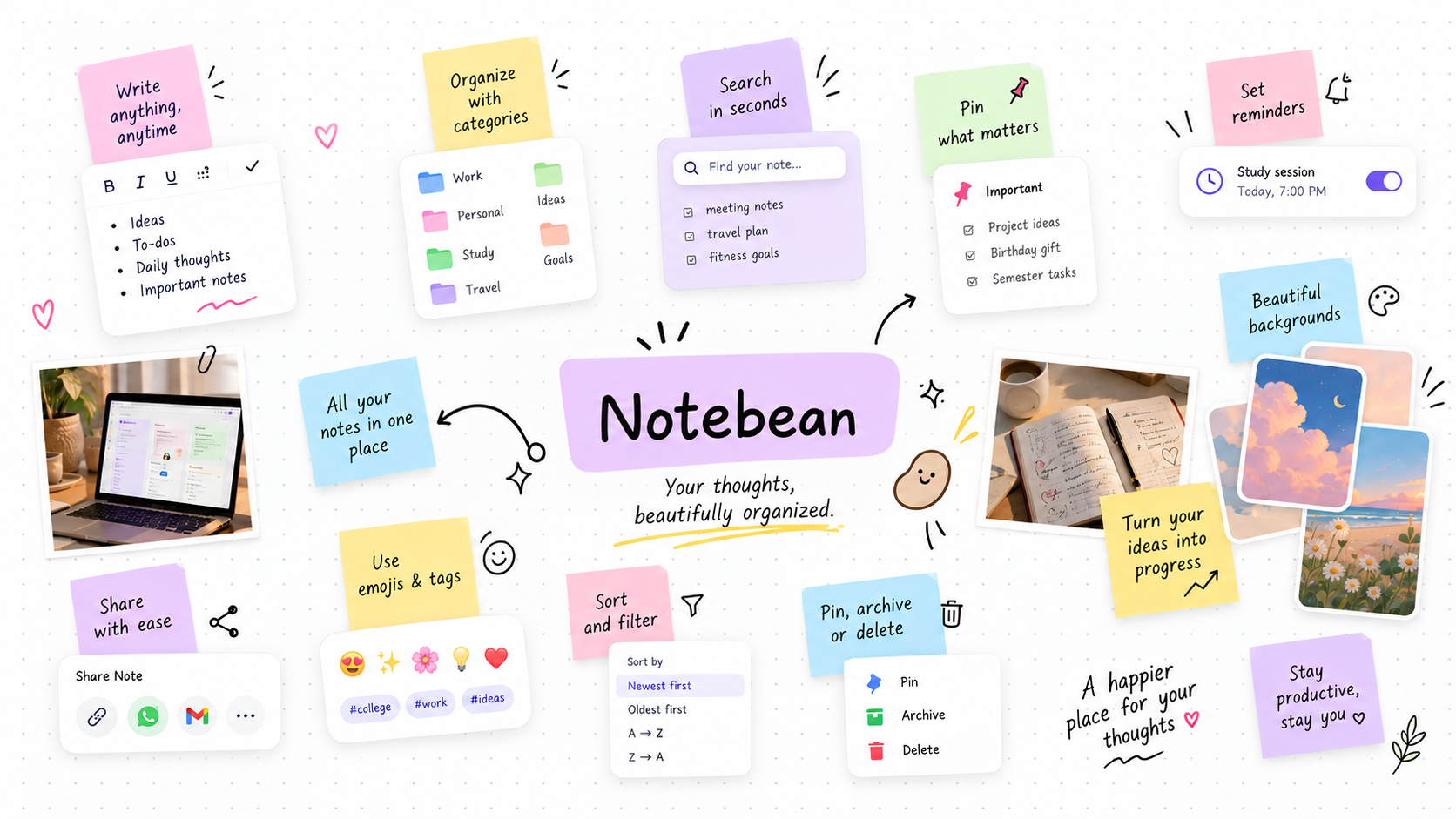 NoteBean notes app shown on a laptop